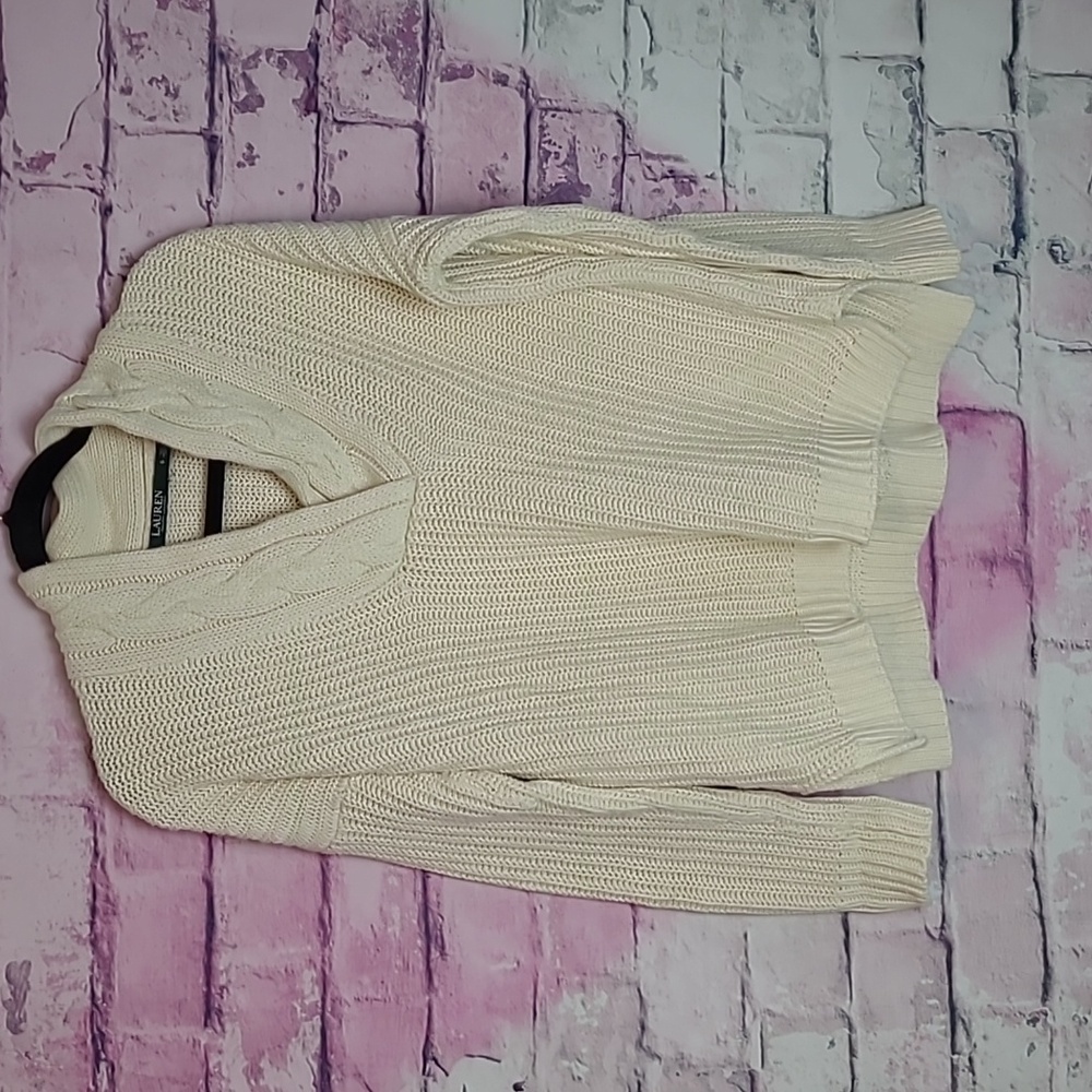 LAUREN RALPH LAUREN CREAM THICK CABLE KNIT V NECK 100% COTTON SWEATER SMALL